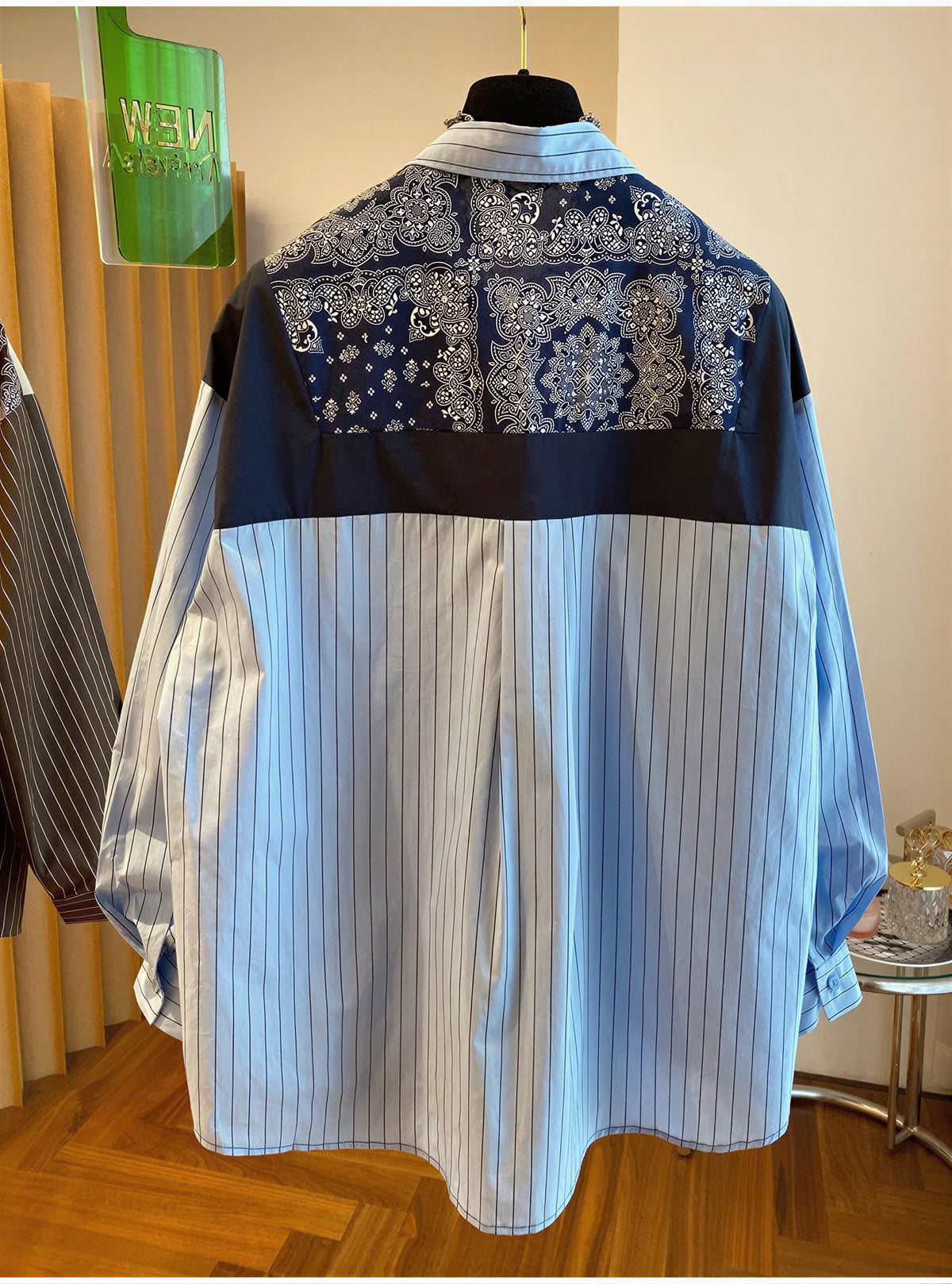 「秋季新品 」L~4XL 拼接條紋印花襯衫