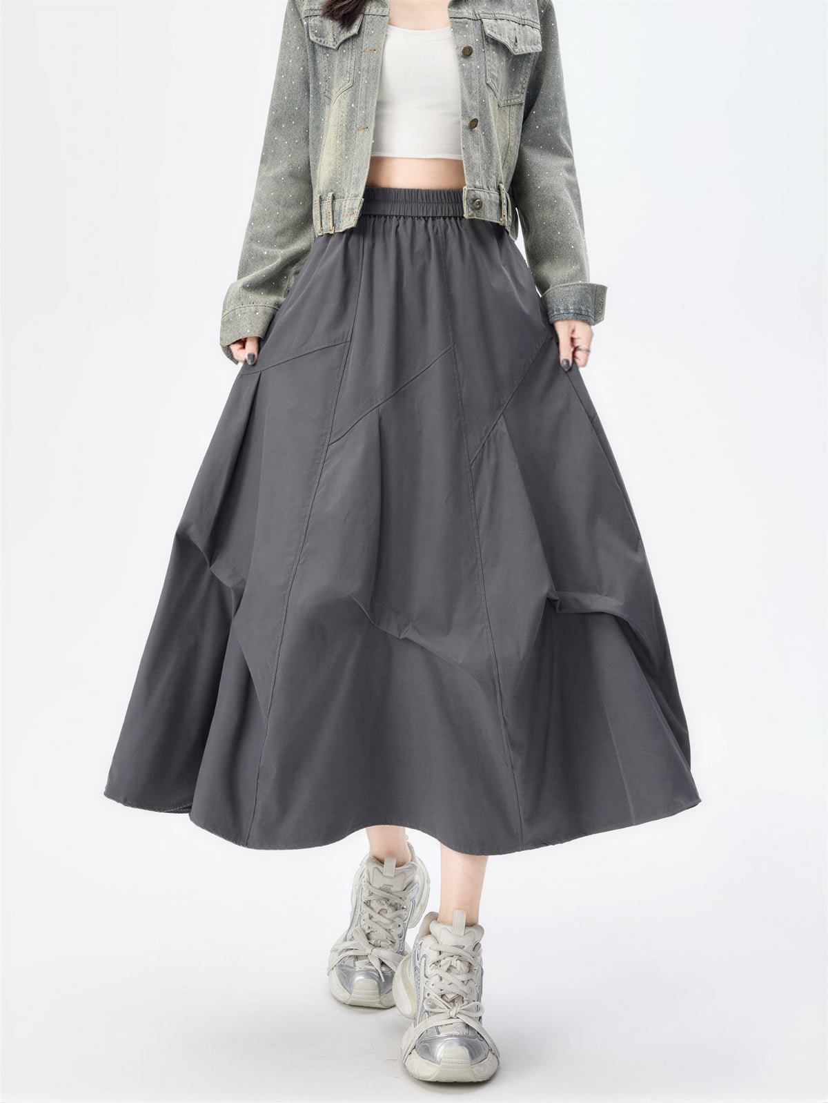 「多色」S-2XL 立體拼線蓬感半身裙