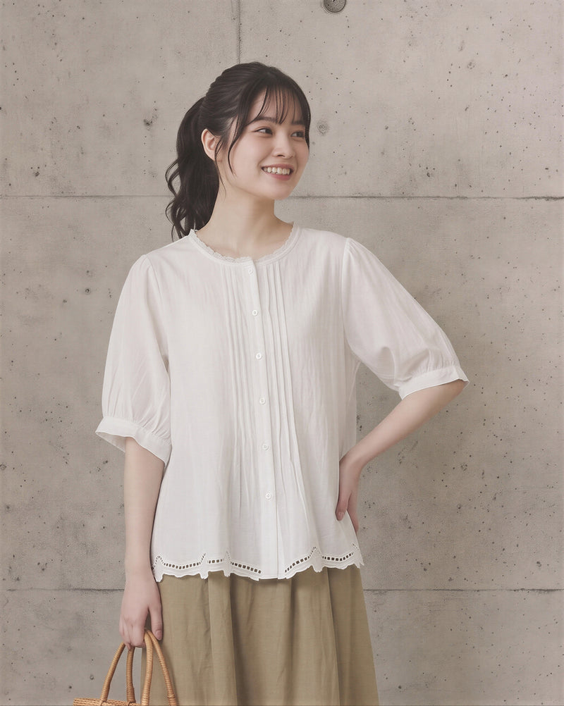 M-2XL 白色鏤空花邊 | 立領排扣 寬鬆短袖襯衫
