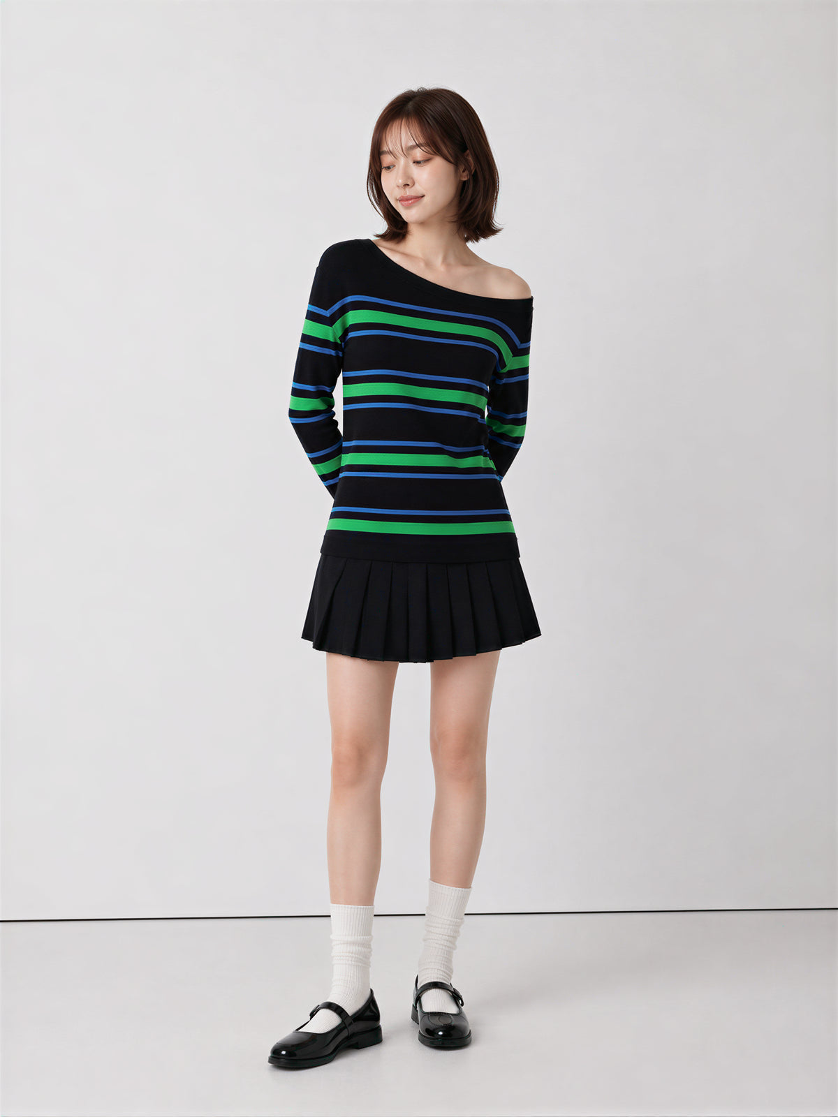 S-XL 露肩條紋修身長袖T恤