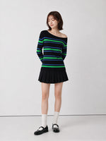 S-XL 露肩條紋修身長袖T恤