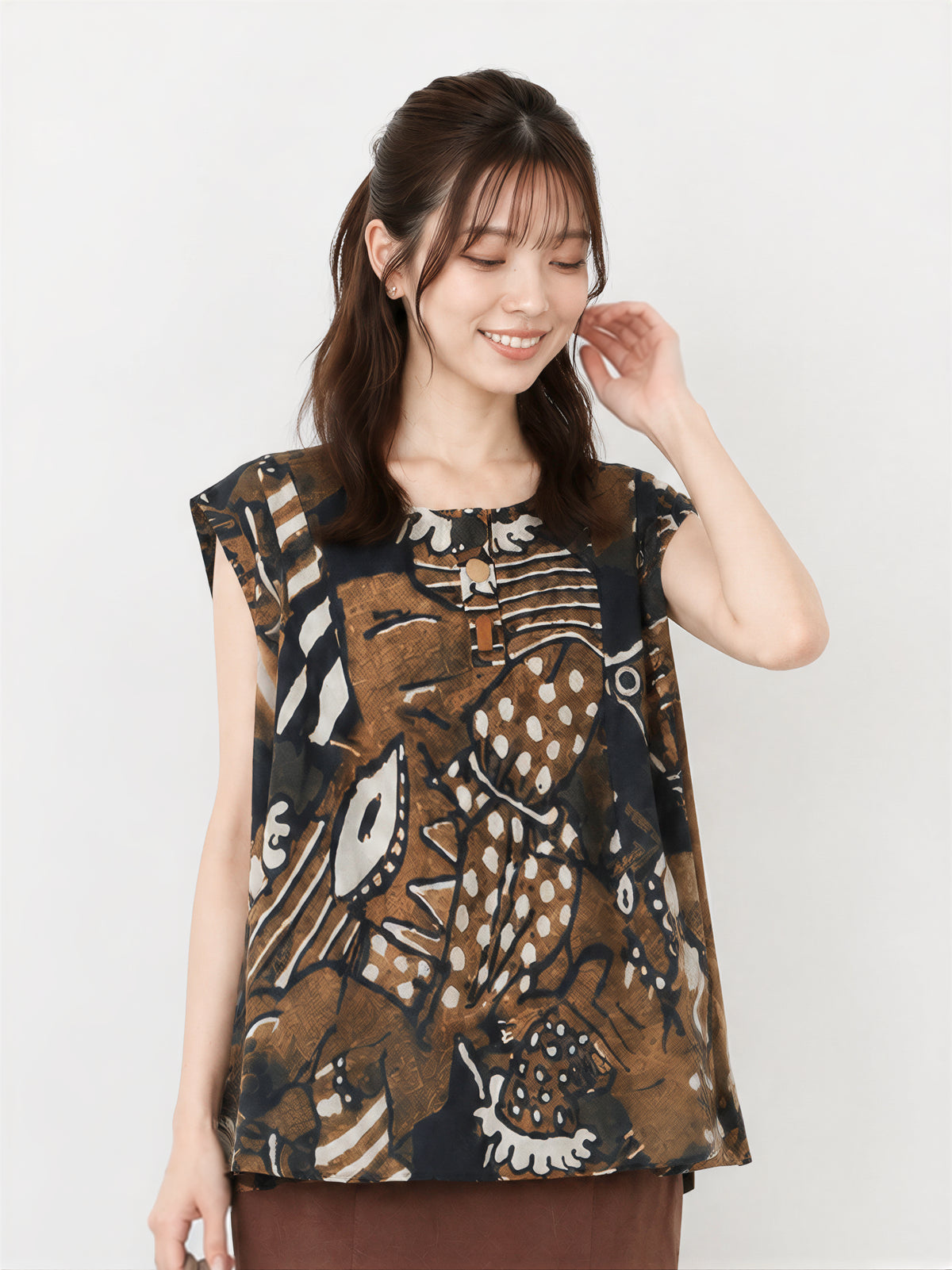 M-2XL 寬鬆A字擺印花無袖襯衫