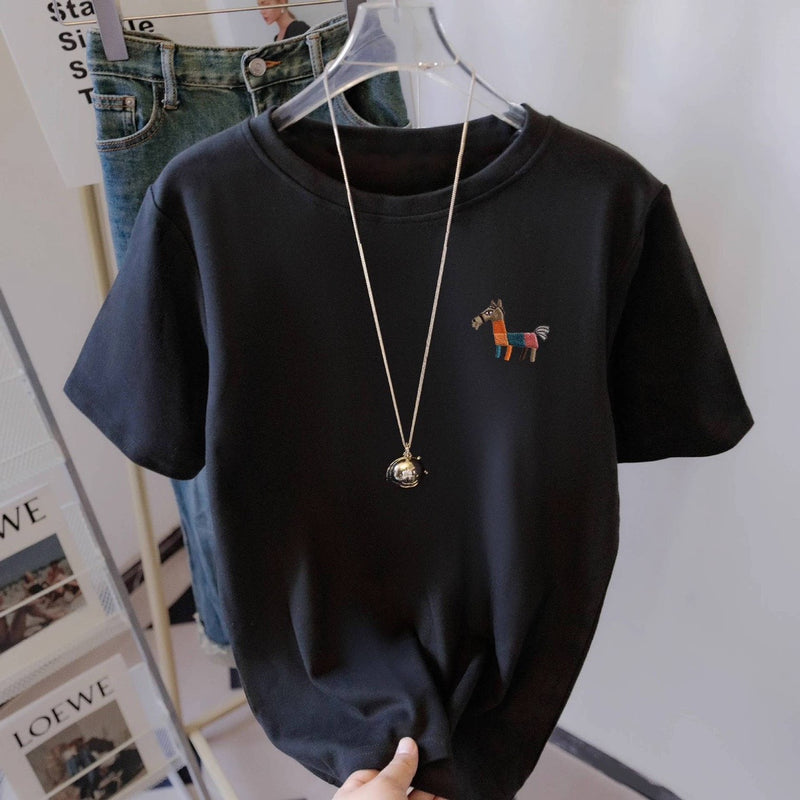 簡約圓領小馬刺繡T恤