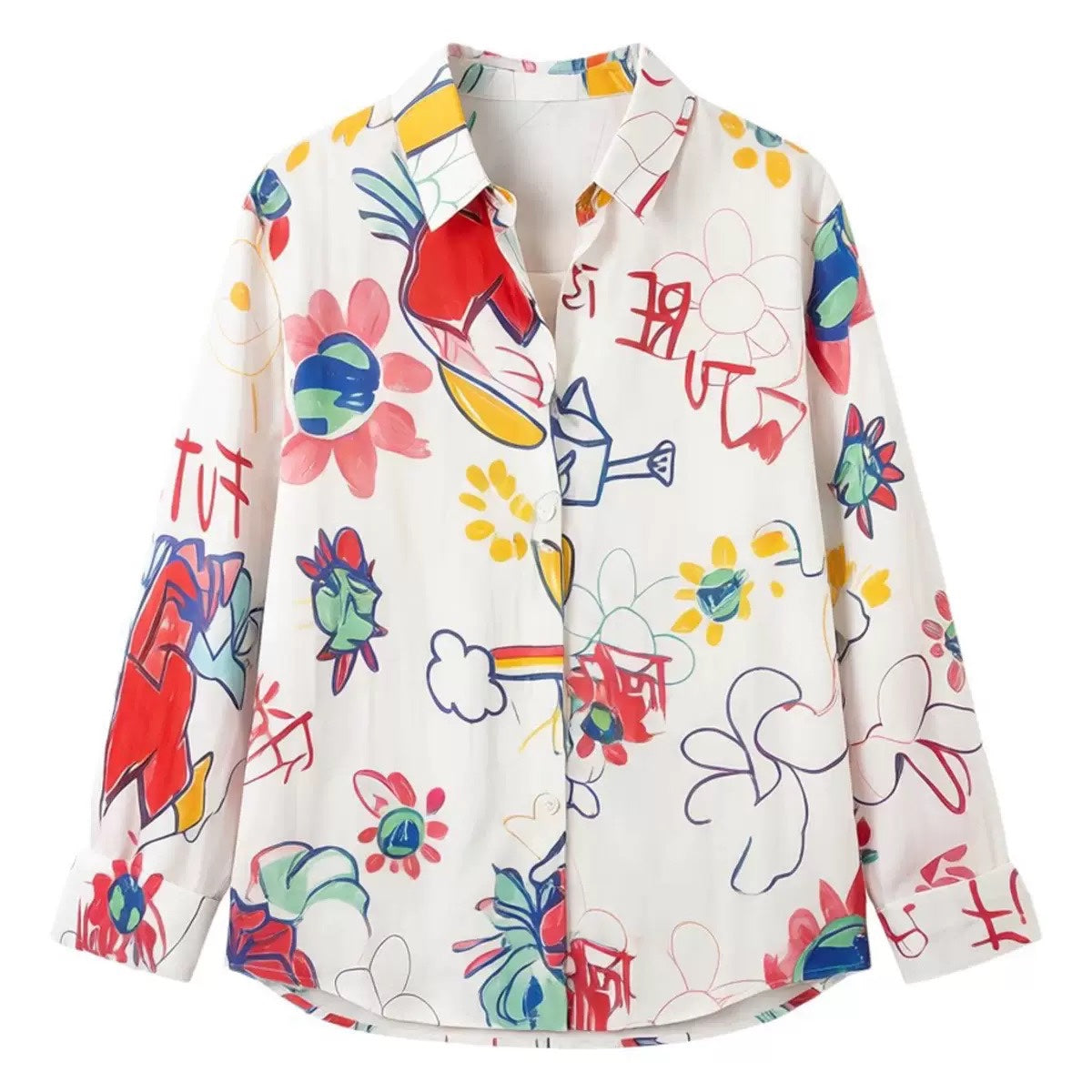 「秋季新品 」S-XL 米色塗鴉印花寬鬆襯衫