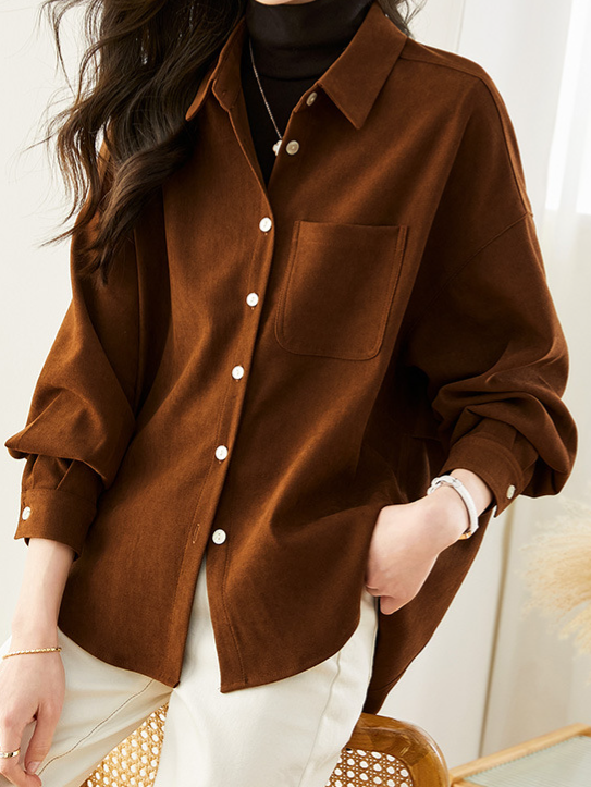 「兩色」「秋季新品 」M-2XL 品質磨毛燈芯絨 寬鬆落肩單口袋襯衫