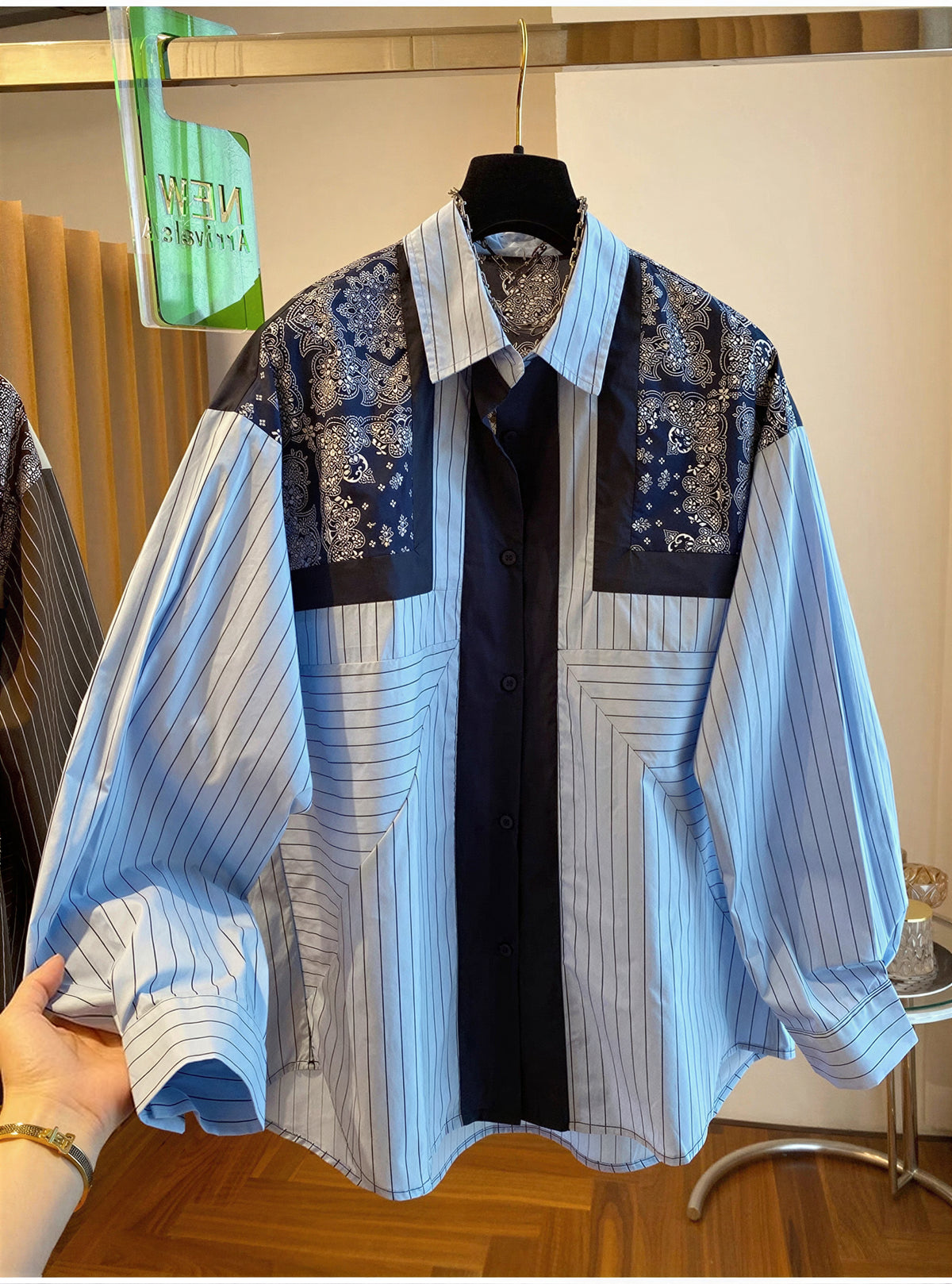 「秋季新品 」L~4XL 拼接條紋印花襯衫