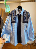 「秋季新品 」L~4XL 拼接條紋印花襯衫