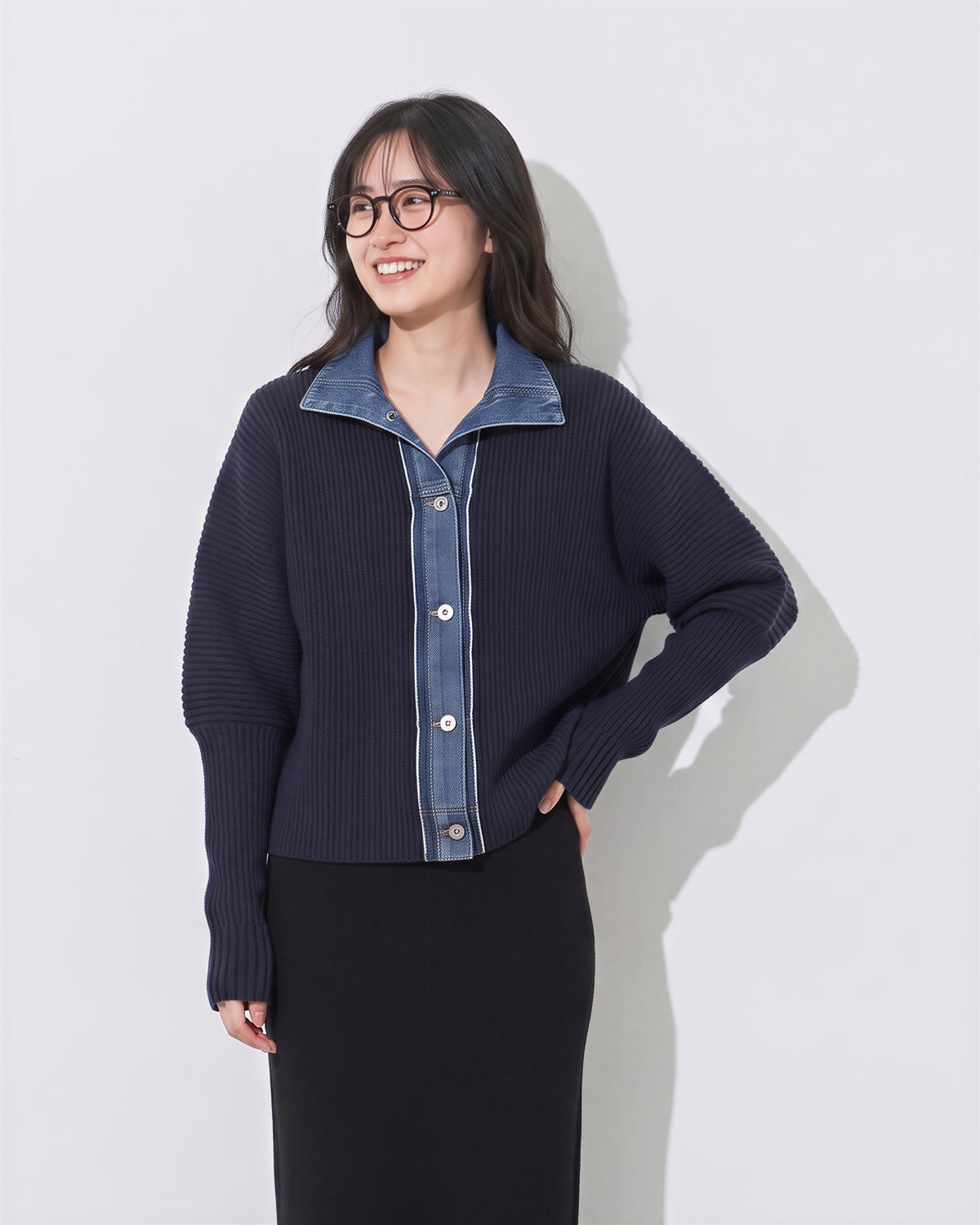 牛仔拼接立領假兩件針織外套-深藍色-2XL