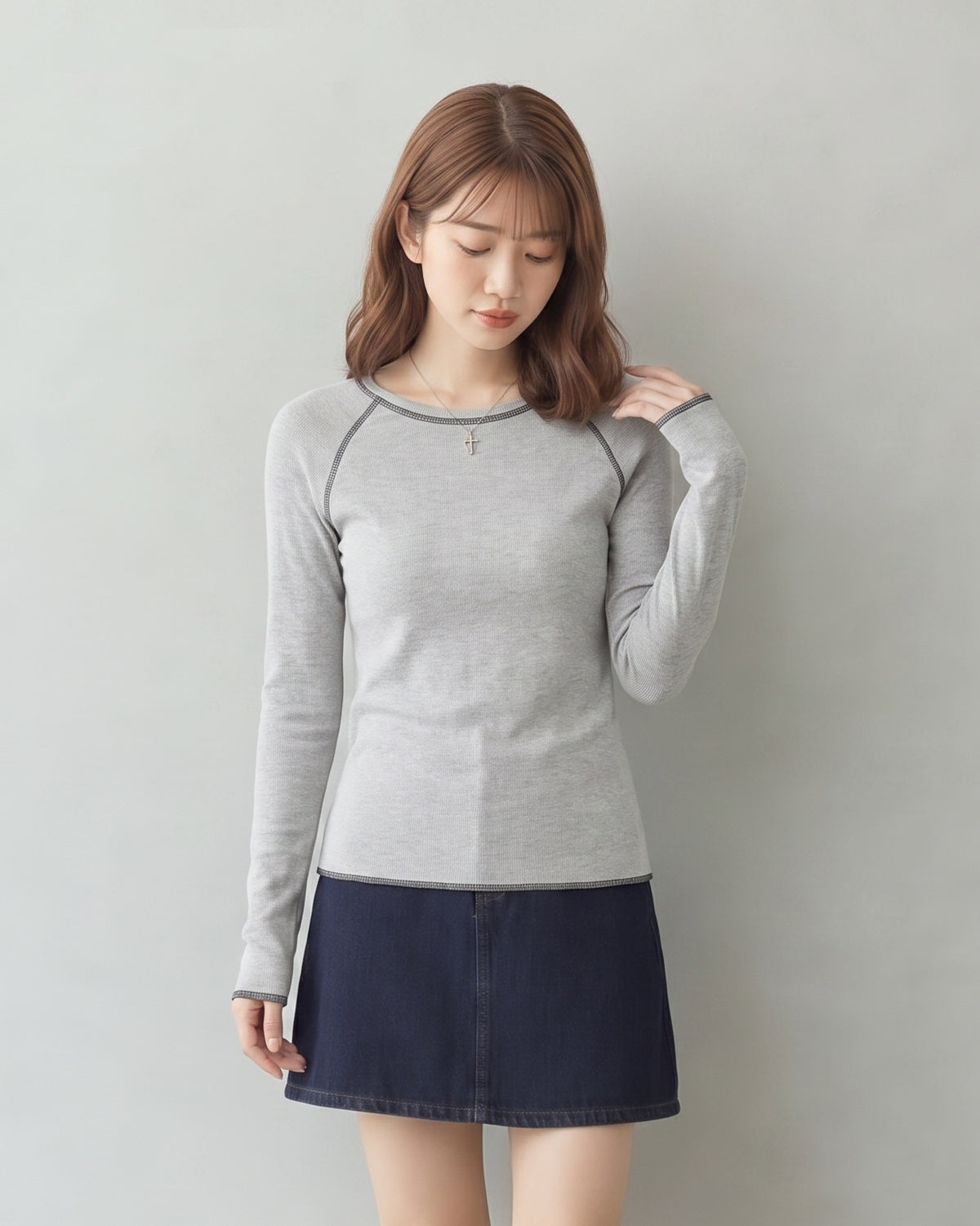 「秋季新品 」S-XL 灰色修身撞色滾邊插肩長袖打底T恤