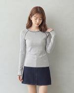 「秋季新品 」S-XL 灰色修身撞色滾邊插肩長袖打底T恤