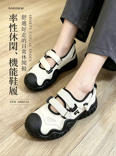 女款雙繫帶拼接網面厚底包頭涼鞋