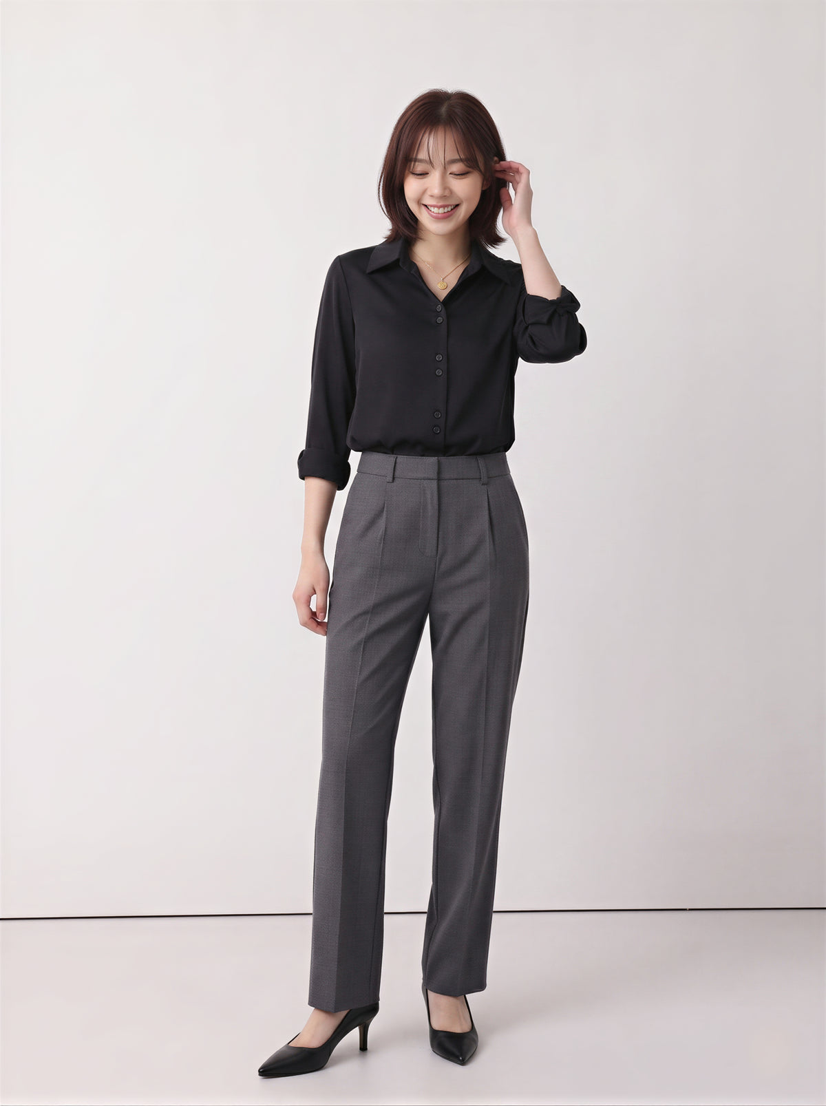 S-2XL 黑色翻領排扣修身襯衫