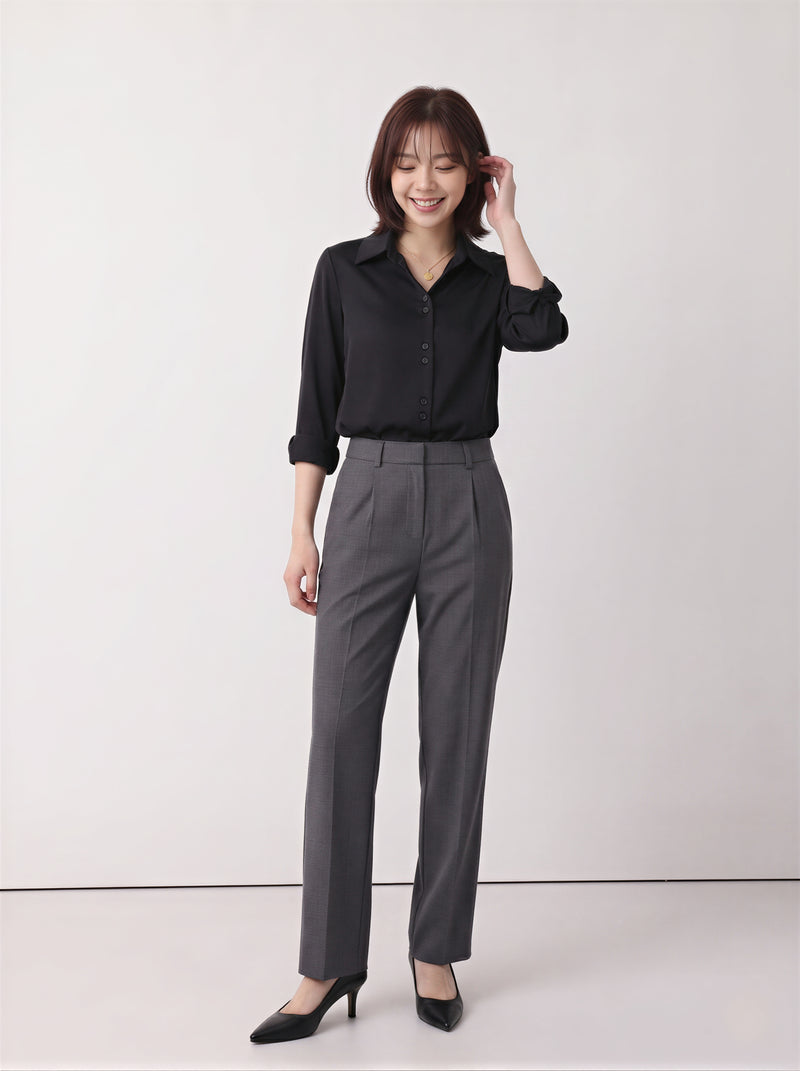 S-2XL 黑色翻領排扣修身襯衫