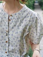 藍色碎花收腰泡泡袖襯衫