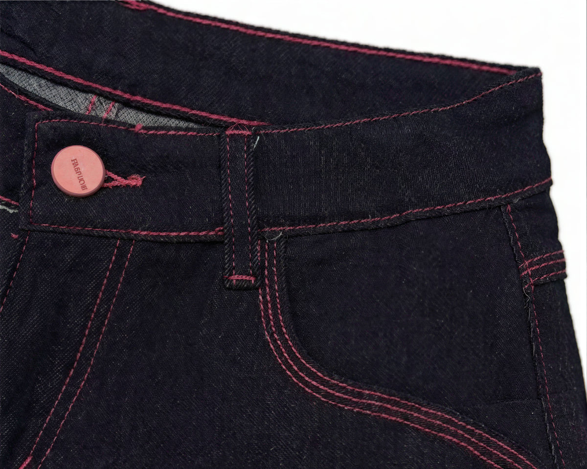 「秋季新品 」S-XL 高腰寬褲撞色車線牛仔褲