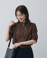 S-2XL 木耳邊斜襟泡泡袖襯衫