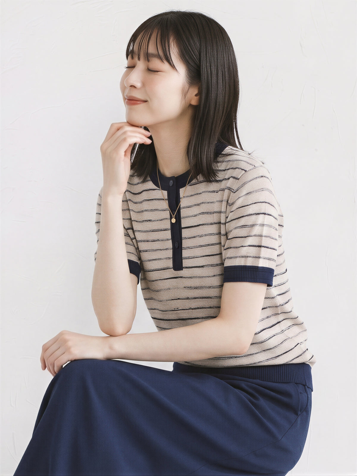 撞色條紋門襟針織短袖
