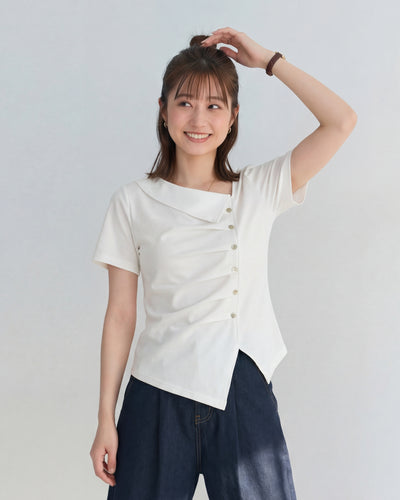 斜襟壓褶不對稱下擺短袖T恤-淺米色-4XL