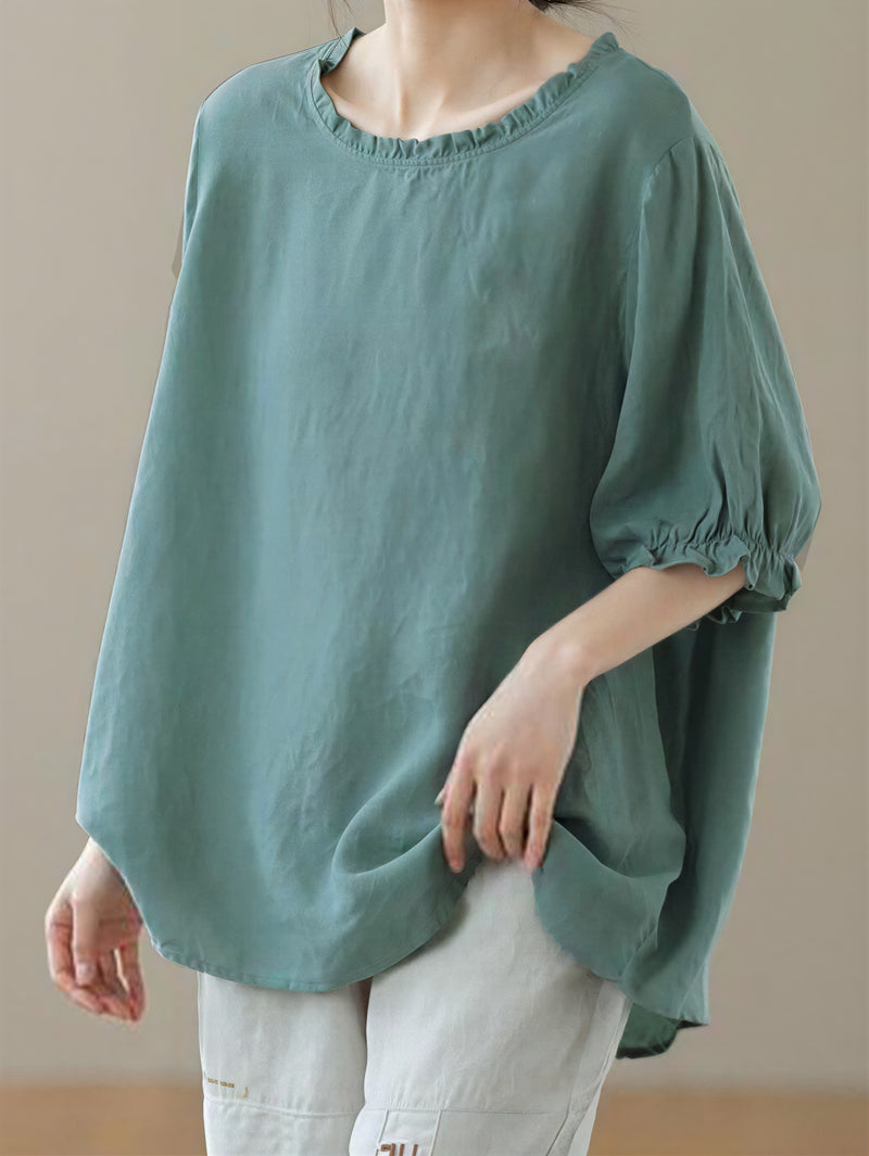 木耳邊圓領寬鬆T恤-綠色-3XL