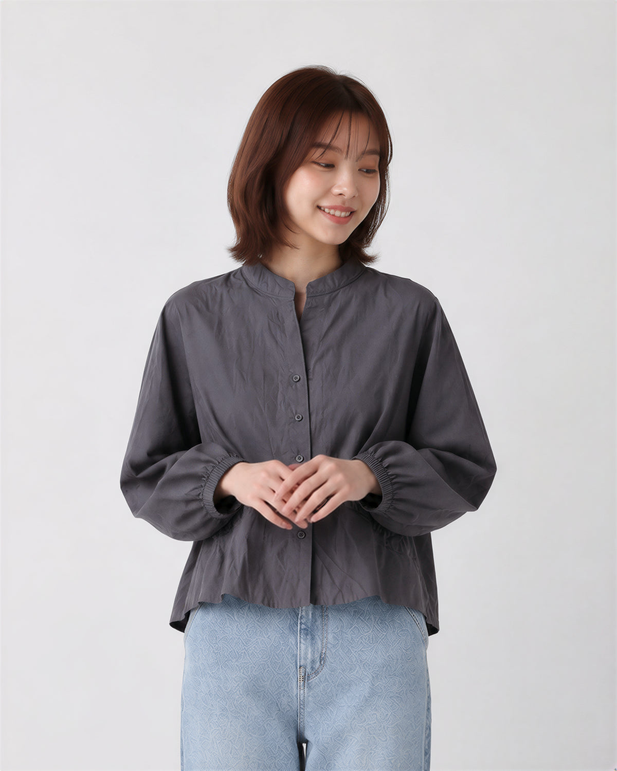 S-XL 灰色立領收腰燈籠袖襯衫