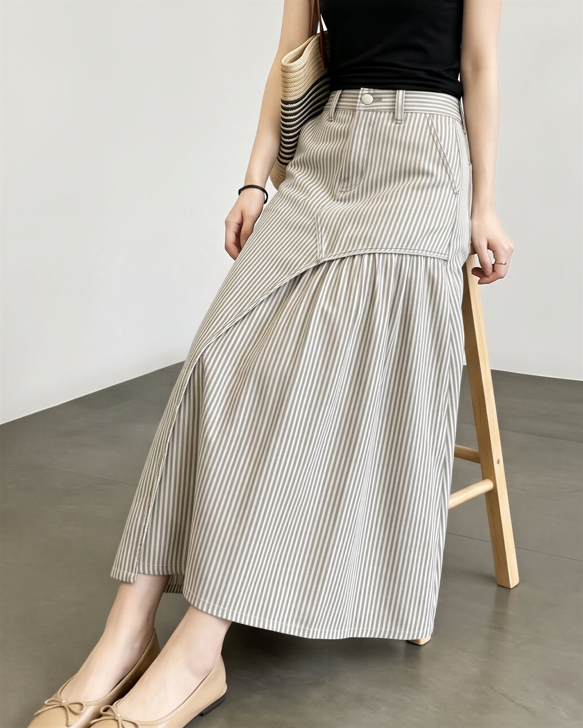 「秋季新品 」「兩色」S-XL  不規則拼接壓褶A字長裙