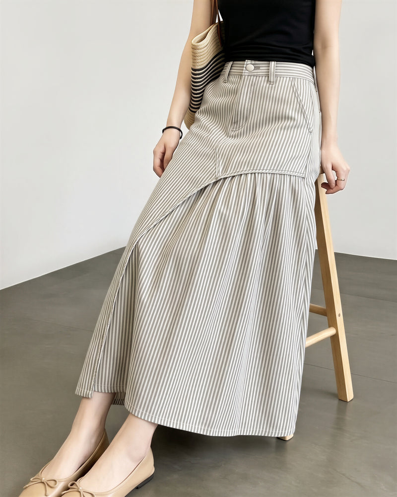 「秋季新品 」「兩色」S-XL  不規則拼接壓褶A字長裙