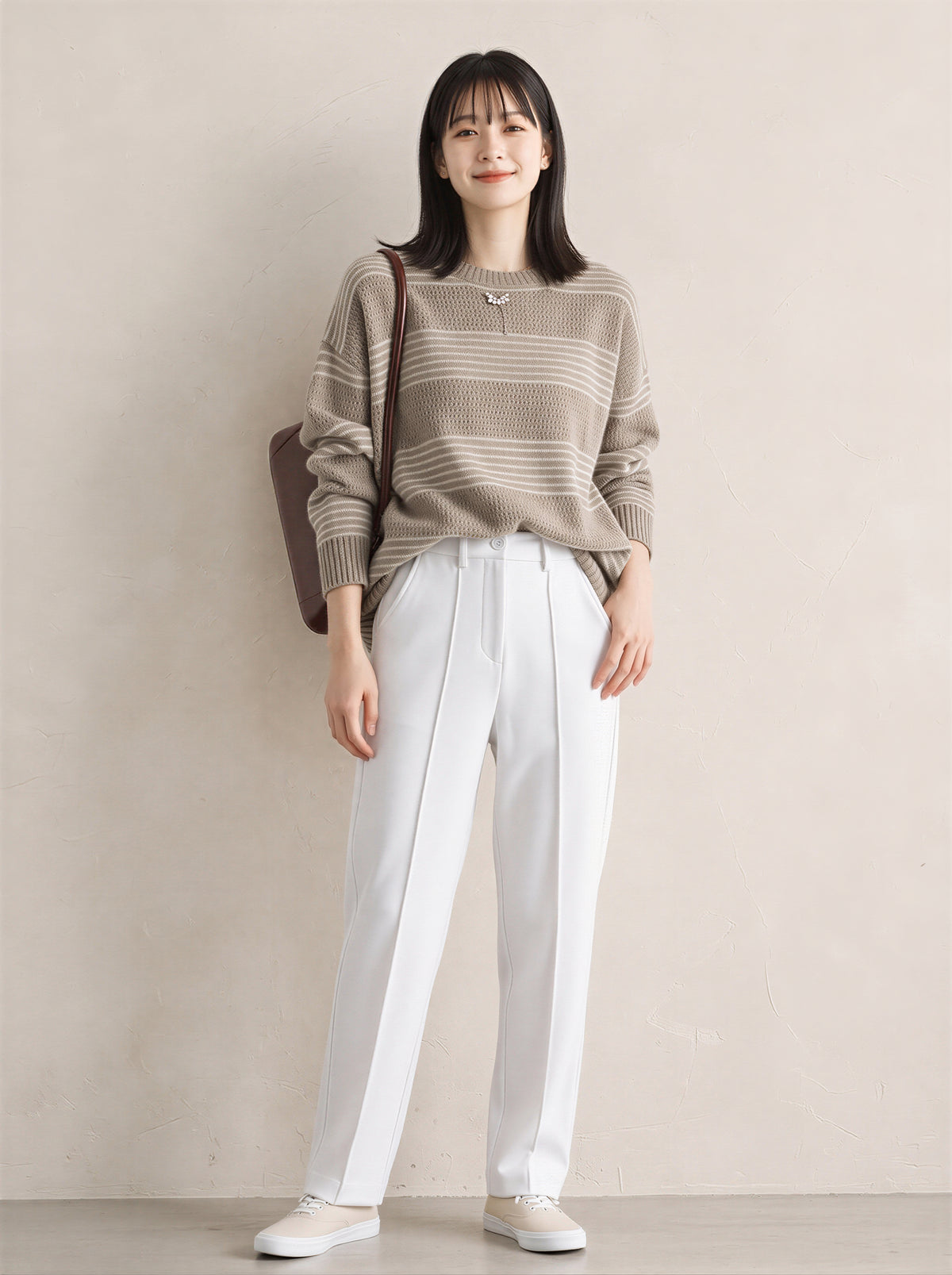「秋季新品 」「兩色」條紋寬鬆落肩針織衫