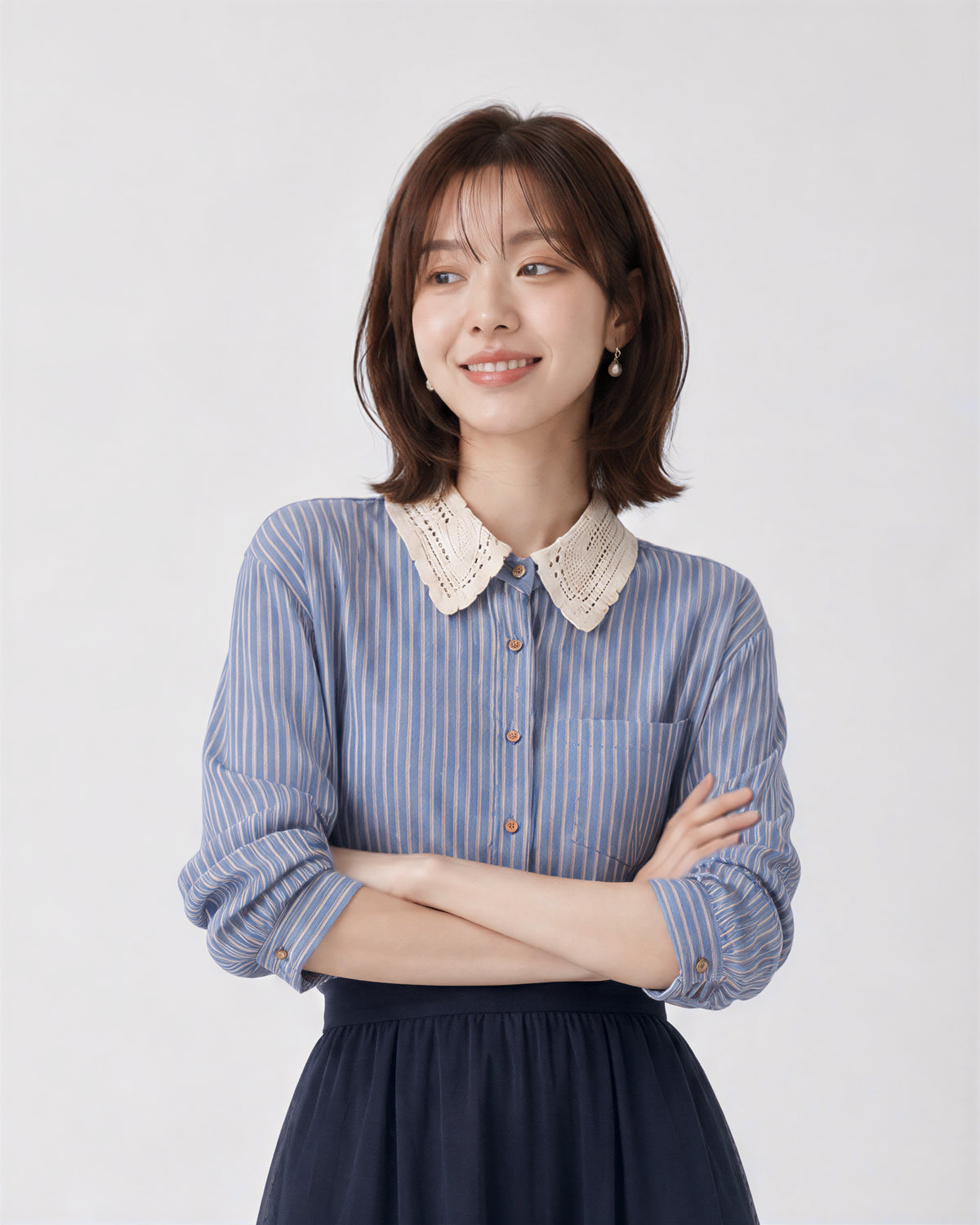 「秋季新品 」蕾絲翻領條紋襯衫