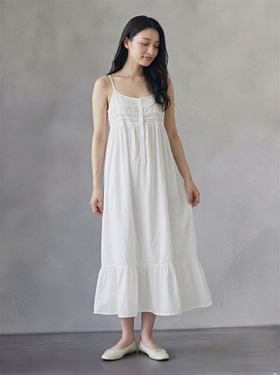 蕾絲拼接高腰A字擺細肩帶洋裝-白色-L