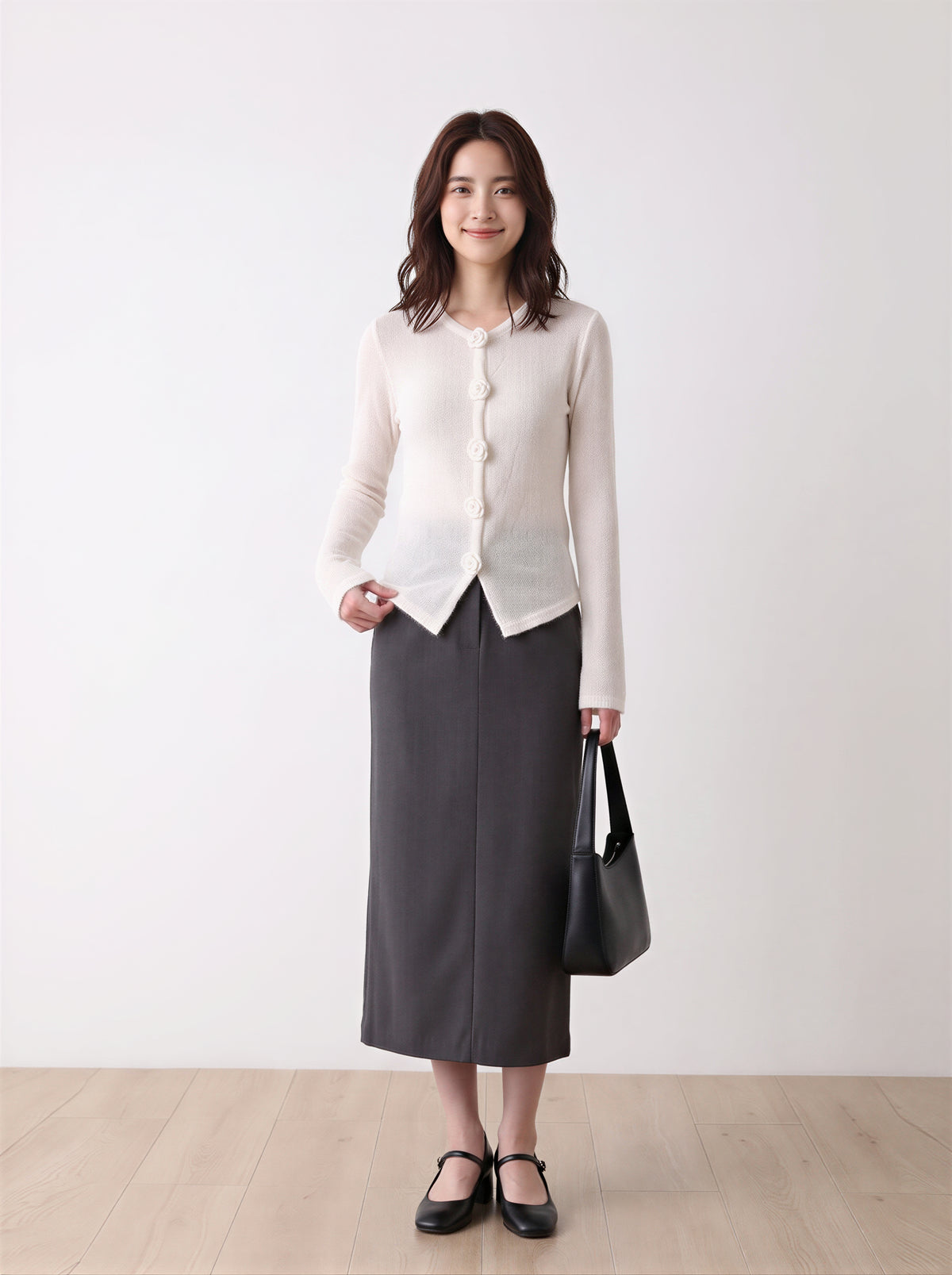 「秋季新品 」「兩色」花朵鈕扣V領針織衫