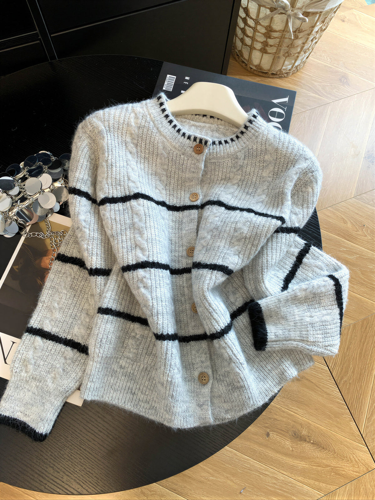 S~XL 灰色圓領條紋針織開襟衫