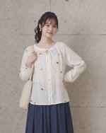 荷葉邊綁帶刺繡襯衫-白色-XL