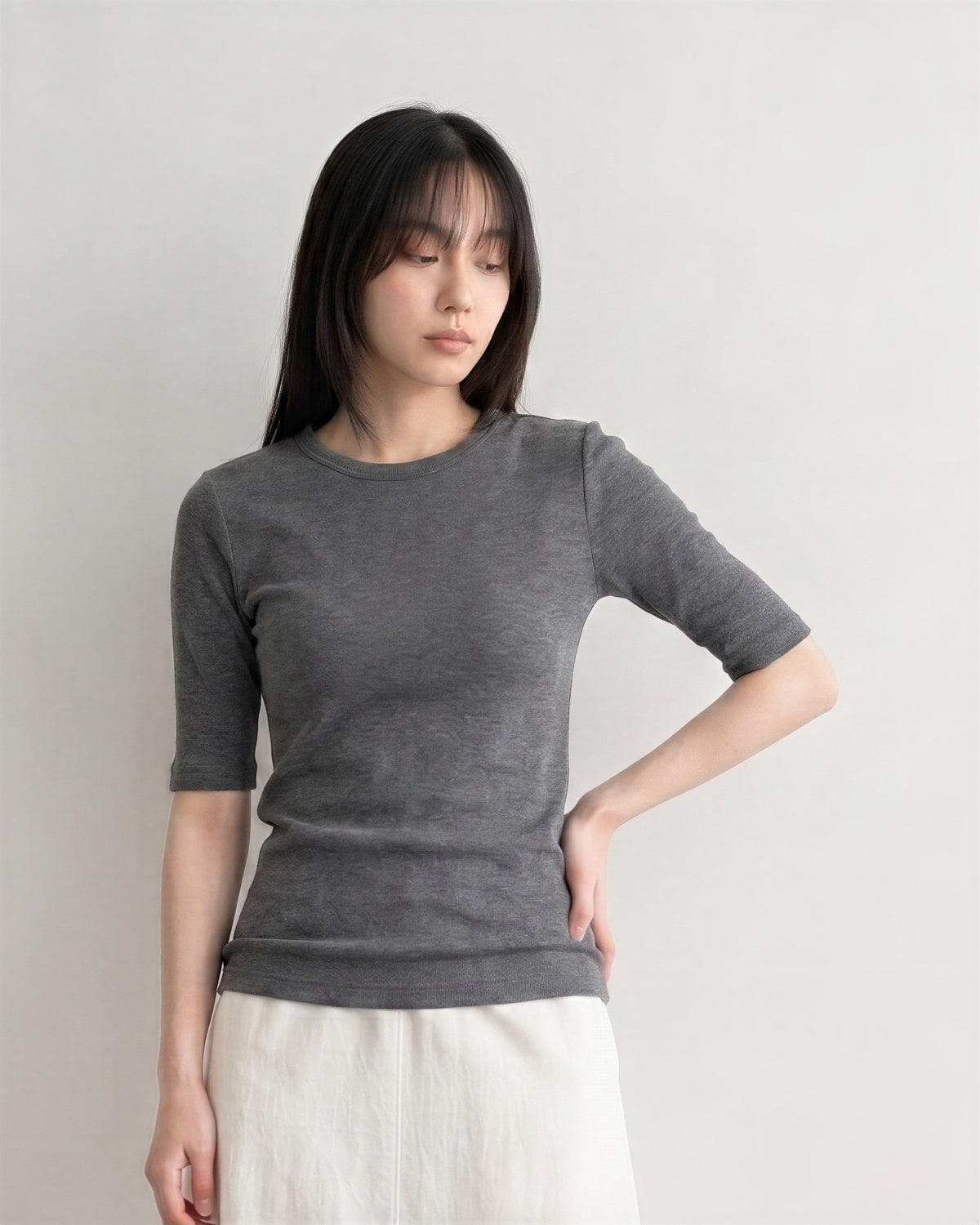 修身圓領五分袖打底衫-灰色-3XL