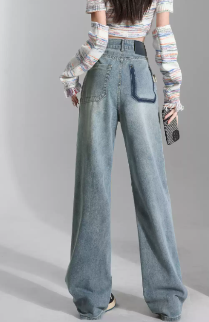 「兩色」「秋季新品 」 XS-2XL 高腰寬褲管刷舊牛仔褲