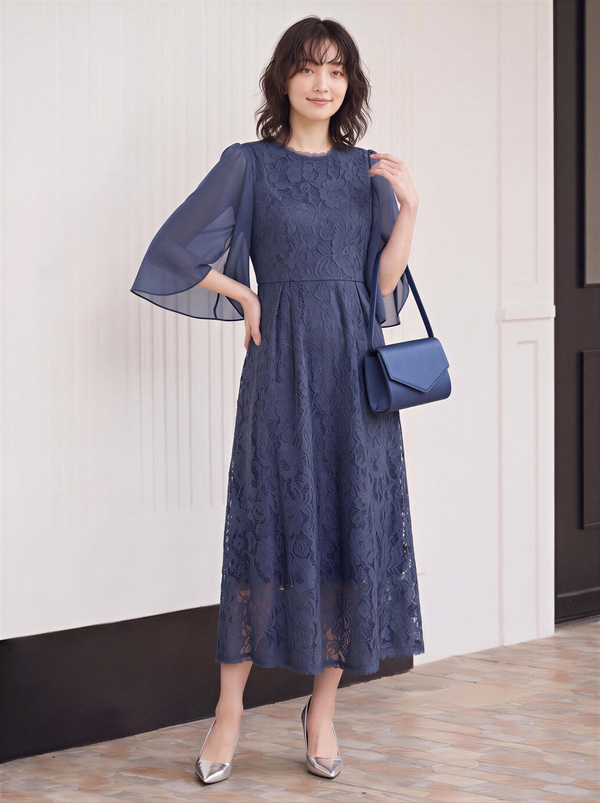 「秋季新品 」「3色」S-2XL 品質披肩袖收腰 | 蕾絲洋裝