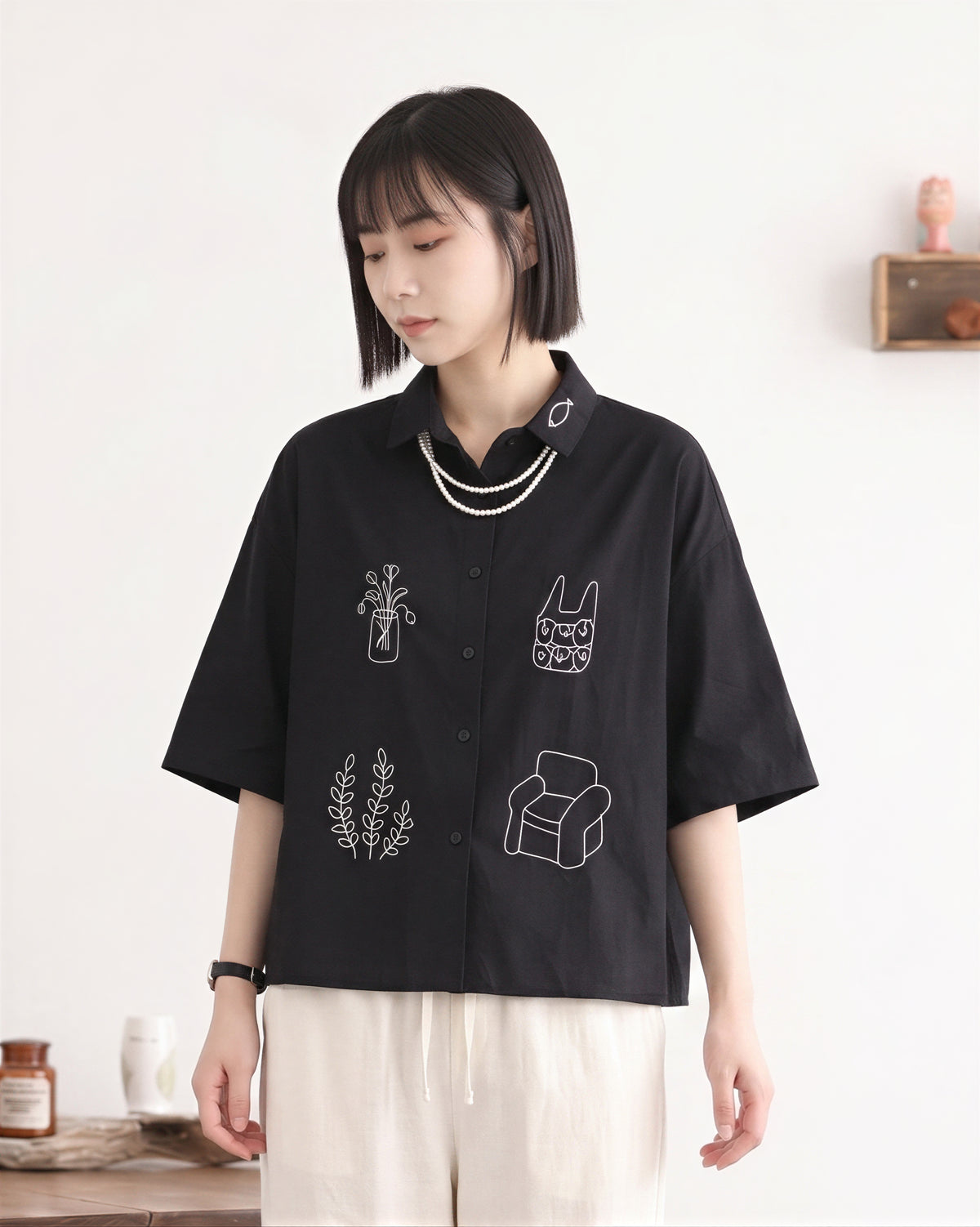 「兩色」M-2XL 趣味線描寬鬆短袖襯衫