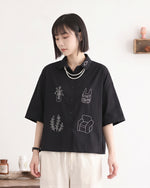 「兩色」M-2XL 趣味線描寬鬆短袖襯衫