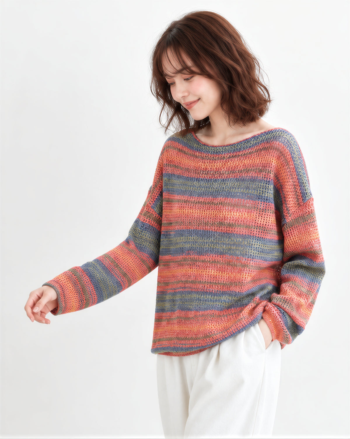 「秋季新品 」M-XL 彩條寬鬆落肩針織衫