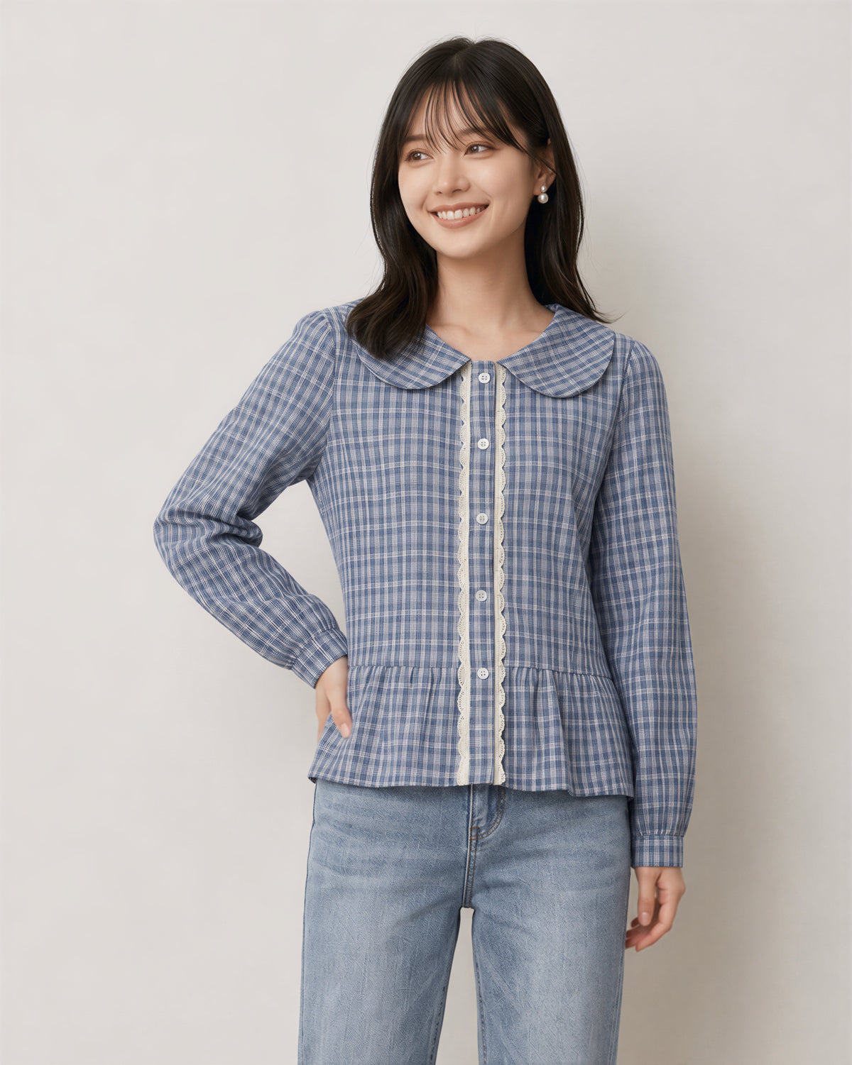 S-XL 淺藍色格紋 | 娃娃領收腰襯衫