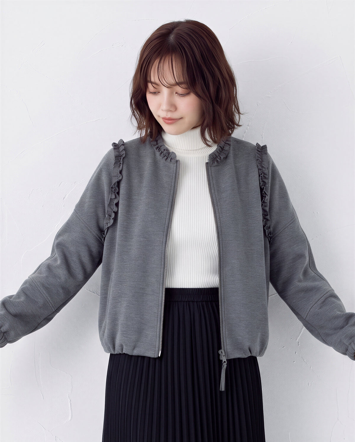 「兩色」「秋季新品 」 M-2XL 荷葉邊寬鬆短版夾克