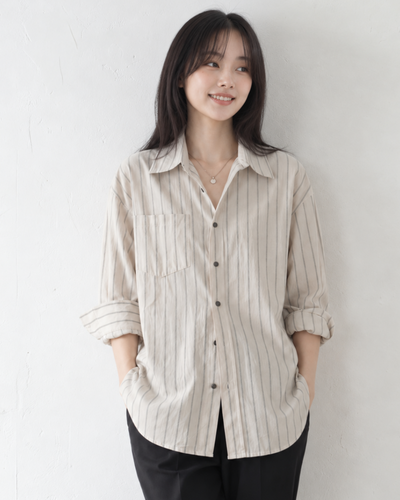 「兩色」「秋季新品 」S-XL 寬鬆條紋拼接口袋襯衫