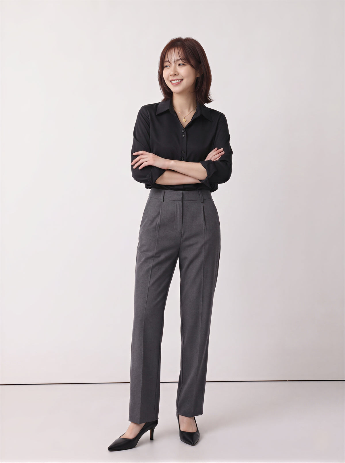 S-2XL 黑色翻領排扣修身襯衫