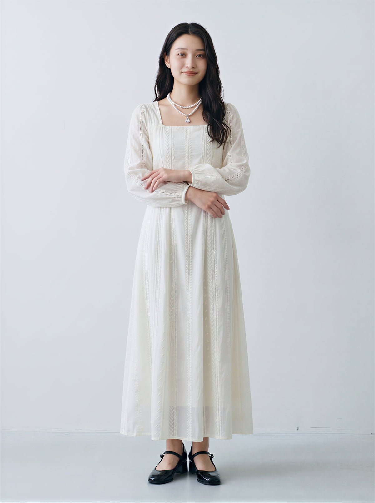 「秋季新品 」S-2XL 白色收腰飄逸蕾絲洋裝