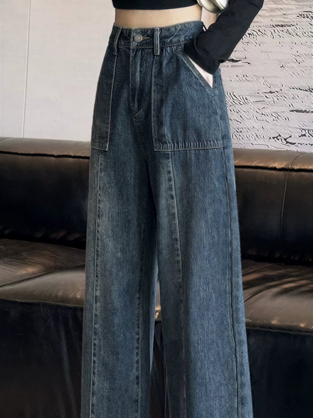 「秋季新品 」 XS-2XL 高腰直筒寬褲牛仔褲