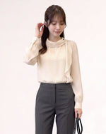 S-XL 米色波點木耳邊立領長袖襯衫