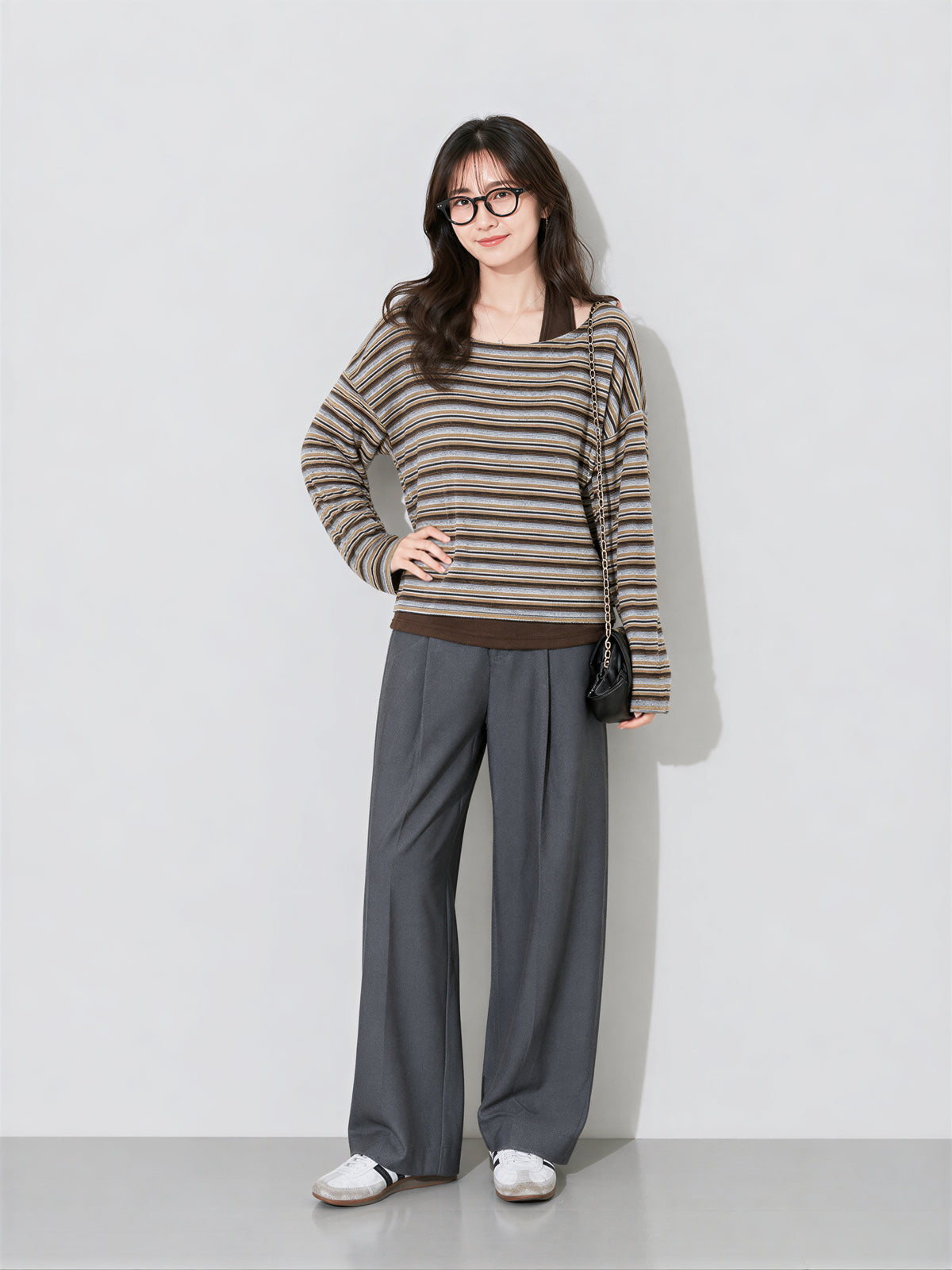 「兩色」S-XL 斜肩露膚條紋假兩件T恤