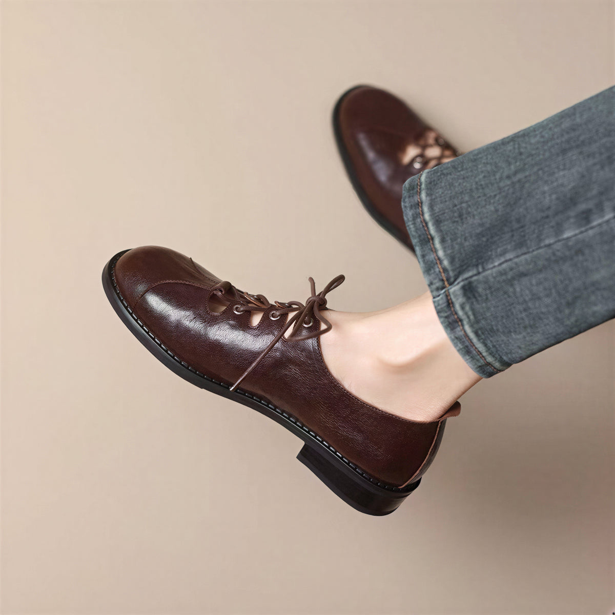 「兩色」復古圓頭 交叉綁帶 瑪莉珍風格繫帶淺口平底單鞋