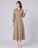 「秋季新品 」「兩色」S-XL 收腰褶襉翻領襯衫洋裝