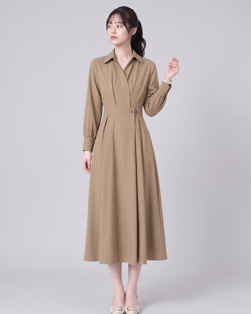 「秋季新品 」「兩色」S-XL 收腰褶襉翻領襯衫洋裝