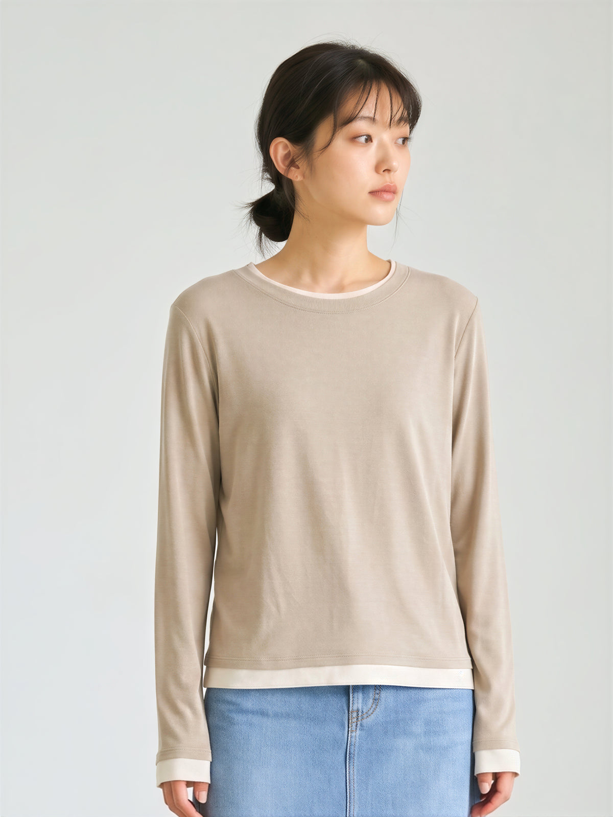 「秋季新品 」M-L 柔軟舒適 圓領疊穿感修身打底假兩件T恤